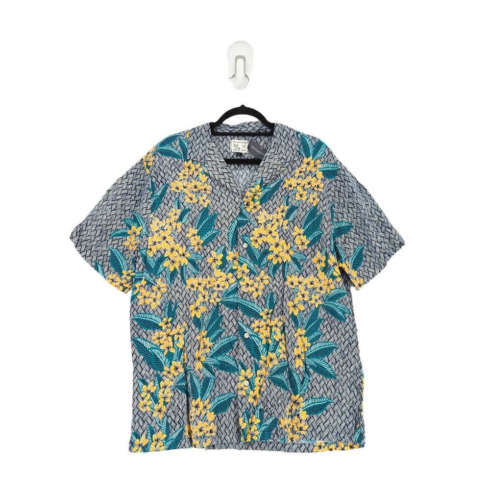 Reyn Spooner Men L Frangipani Fun Camp Shirt Blue Woven Floral Tropical Hawaiian